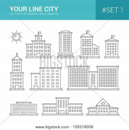 Set of line flat design buildings icons. Skyscrapers, goverment