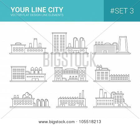 Set of line flat design buildings icons. Factories and industial