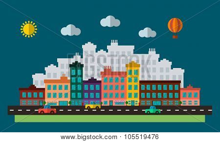 Flat Design Urban Landscape Illustration. City Landscape With Road, Cars And Buildings