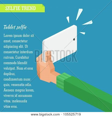 Vector Isometric Illustration Of A Hand Holding A Tablet Making A Selfie In Flat Infographic Style