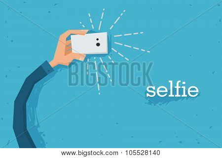 Vector Flat Illustration Hand Holding Smartphone Taking Selfie