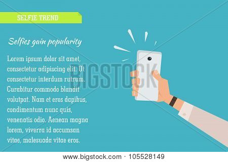 Vector Flat Illustration Of A Hand Holding A Phone Making A Selfie In Infographic Style