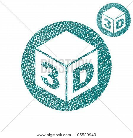 3D Simple Single Color Icon Isolated On White Background With Sketch Lined Hand Drawn Texture.
