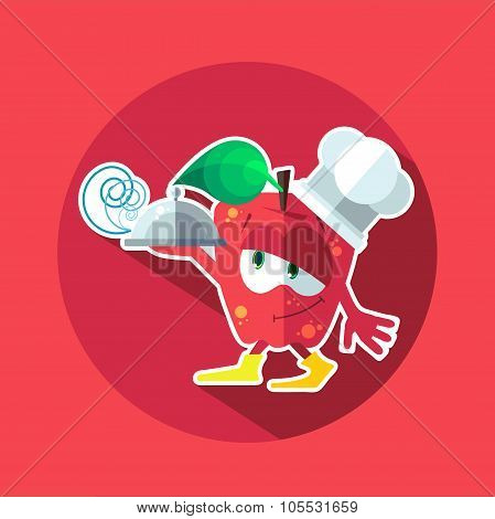 Round Flat Vector Icon With Chef Apple And Kitchenware