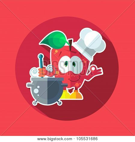 Round Flat Vector Icon With Chef Apple And Kitchenware