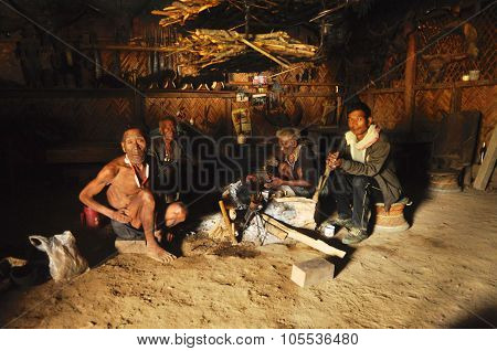 Men Around Fire In Nagaland, India