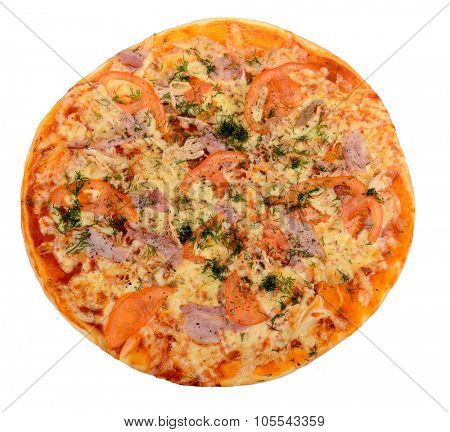 Mixed pizza from top on white background