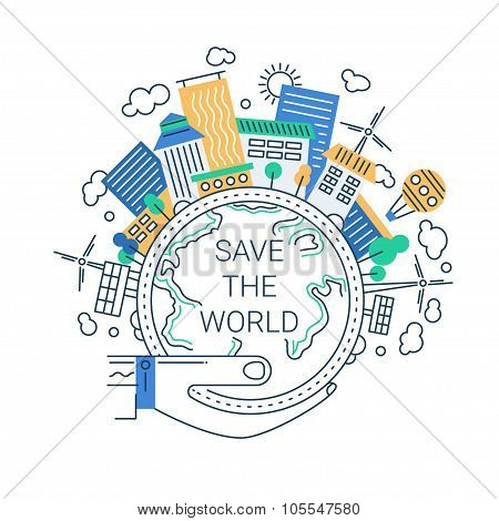 Illustration of modern line flat design city composition with the Earth, buildings and alternative e