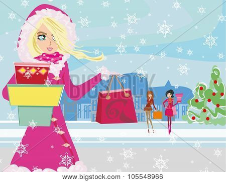 Beautiful Girls On Winter Shopping