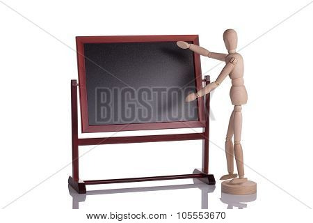 Mannequin Doing A Demonstration Show. On The Advertising Board.