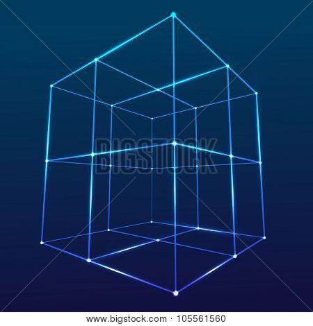Wireframe Mesh Cube. Connected Dots And Lines.