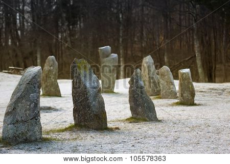 The Big Stones Standing In The Snow Field In Winter