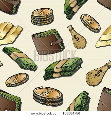 Money background. Isolated hand-drawn elements.