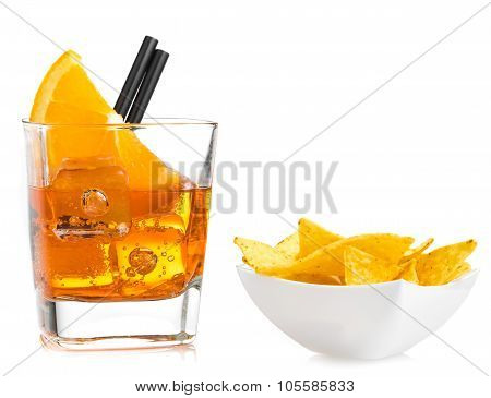 Hot Tacos Chips In Front Of Glass Of Spritz Aperitif Aperol Cocktail With Orange Slices And Ice Cube