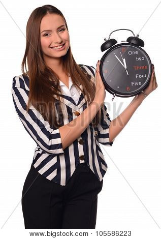 Office girl showing clock isolated on a white background