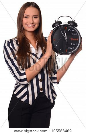 Office girl showing clock isolated on a white background
