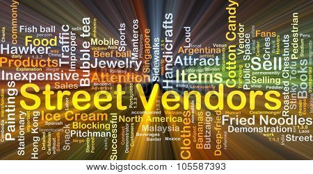 Background concept wordcloud illustration of street vendors glowing light