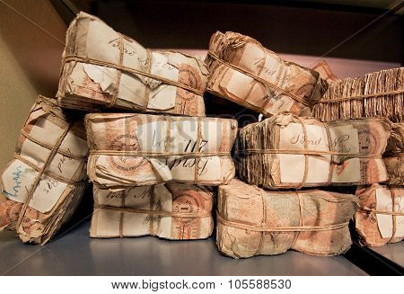 Selective Focus On Bundles Of Retro Banknotes In Bank