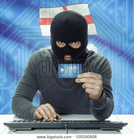 Dark-skinned Hacker With Canadian Province Flag On Background Holding Credit Card - Alberta