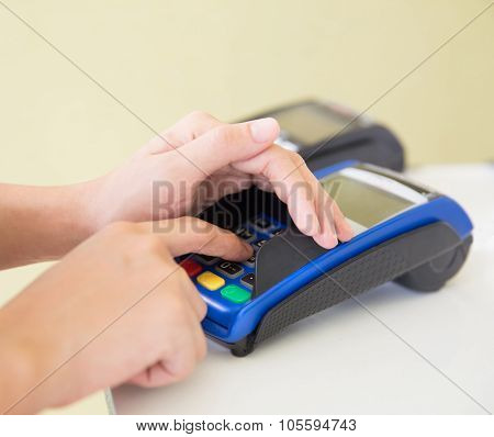 Edc ( Electronic Data Capture) Machine Hand Pressing Password On It