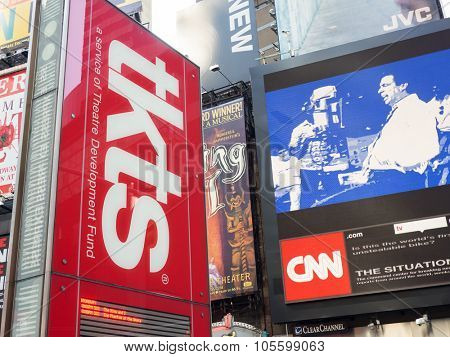 NEW YORK,USA - AUGUST 14,2015 : Billboard of The TKTS booth on Times Square selling discount tickets to Broadway shows