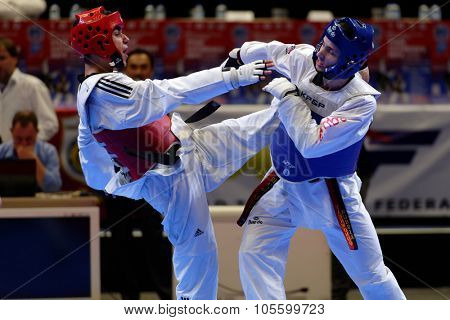 ST. PETERSBURG, RUSSIA - OCTOBER 17, 2015: Taekwondo WTF junior teams match Russia vs Iran during the martial arts festival Baltic Sea Cup in Sibur Arena. Iran won the match