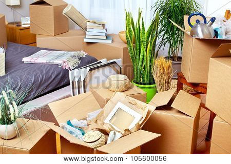 Moving boxes in new apartment. Real estate concept.