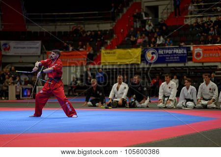 ST. PETERSBURG, RUSSIA - OCTOBER 17, 2015: Demonstration performance with nunchaku from the St. Petersburg Kobudo Federation during the martial arts festival Baltic Sea Cup in Sibur Arena