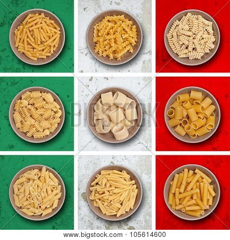 food background different kind of italian pasta