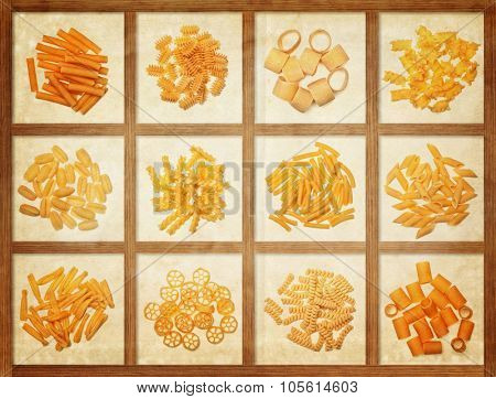 food background different kind of italian pasta