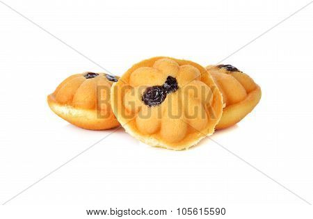 Castella Or Egg Cakes With Raisin On White Background