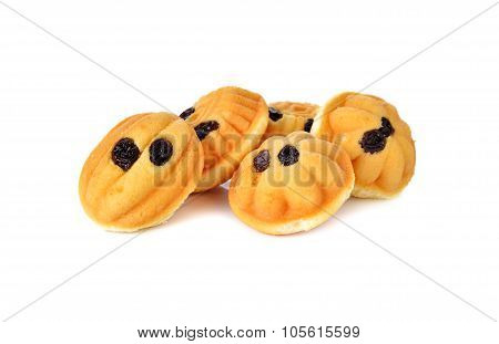 Castella Or Egg Cakes With Raisin On White Background