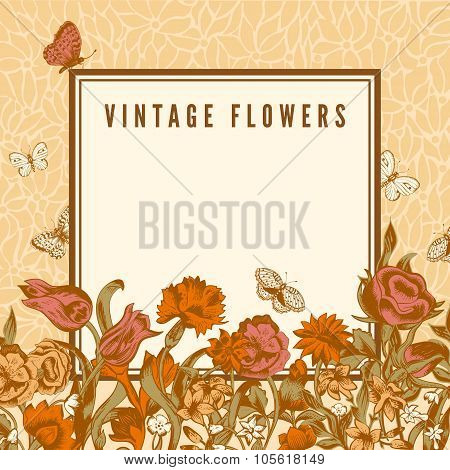 Vector vintage wedding card with flowers and butterflies.