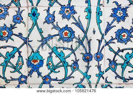 Twisted Stems Of Flowers On Vintage Tiles In Ottoman Style