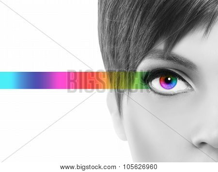 Oculistic Concept, Black And White Portrait Half Woman, Eyes Colorful Rainbow