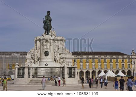 People Walking In Lisbon Commercial Square
