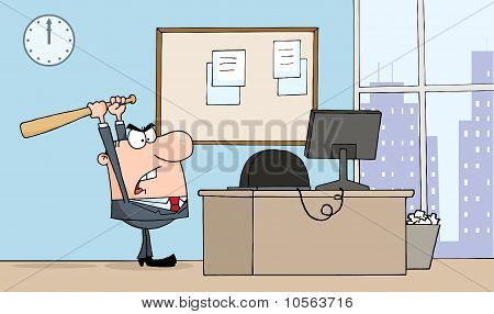 Zły biznesmen z Bat w biurze