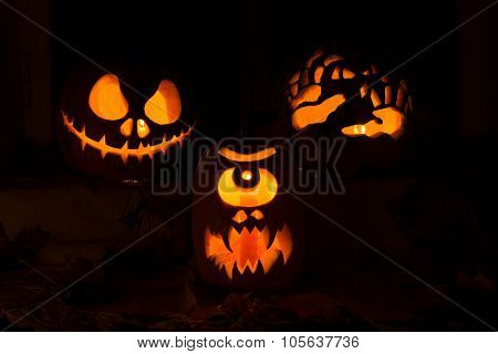 Photo Of Three Pumpkins For Halloween.
