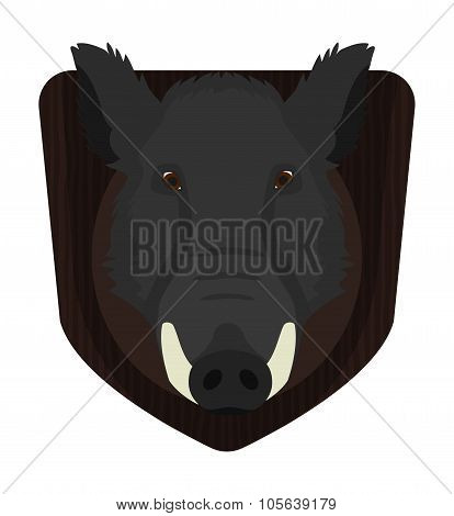 Hunting Trophy. Wild Boar Head On Wood Shield