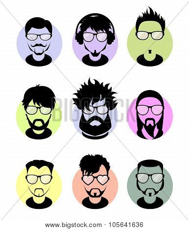 Set Avatars Profile Flat Icons, Different Characters. Trendy Beards, Glasses.