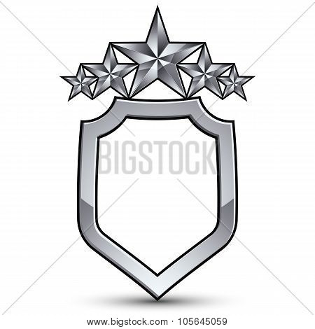 Festive Vector Emblem With Silver Outline And Five Pentagonal Stars, 3D Royal Conceptual Design Elem