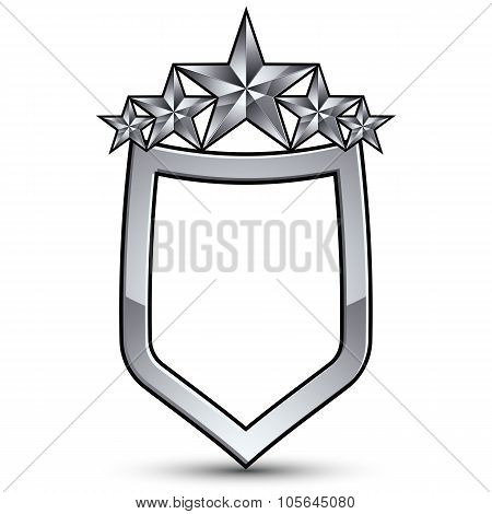 Festive Vector Emblem With Silver Outline And Five Pentagonal Stars, 3D Royal Conceptual Design Elem