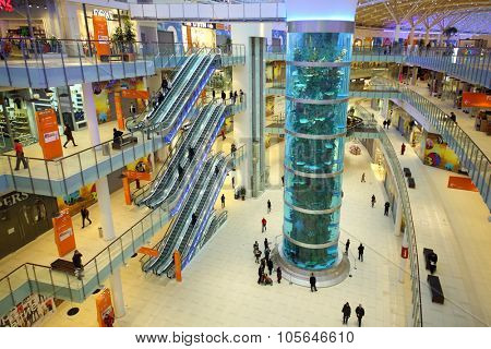 MOSCOW - DEC 05, 2014: Interior with high aquarium inside the shopping and entertainment complex Aviapark, top view