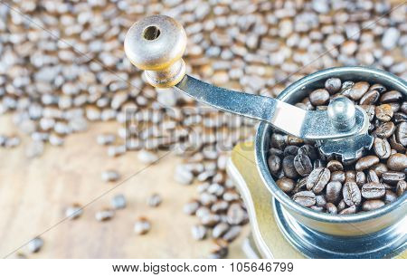 Closeup Of Coffee Beans With Focus Coffee Beans On Coffee Grinder