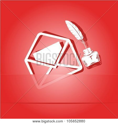 mail with feather and inkstandn . Paper sticker as bookmark.  Raster illustration.