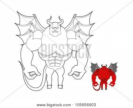 Devil Coloring Book. Red Demon With Wings And Horns. Helluva Terrible Satan With Big Muscles. Bodybu