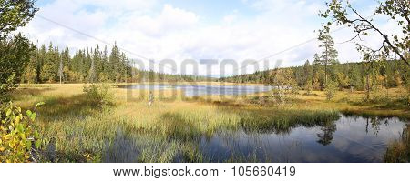 Panoramic View Of Myrflodammen Near Saelen, Sweden On A Sunny September Day