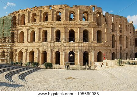 Exterior of the El Djem amphitheater in El Djem, Tunisia.