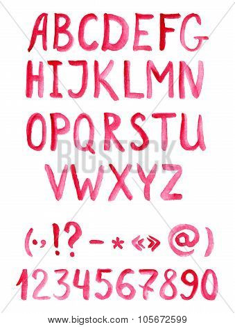 Red watercolor alphabet font with numbers and punctuation marks