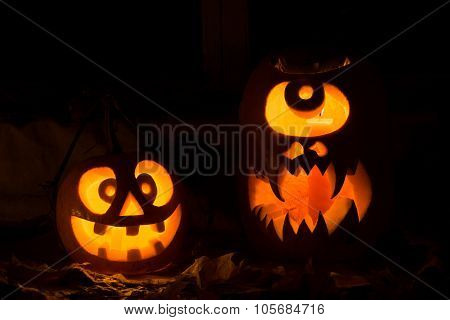 Photo Composition From Two Pumpkins On Halloween.